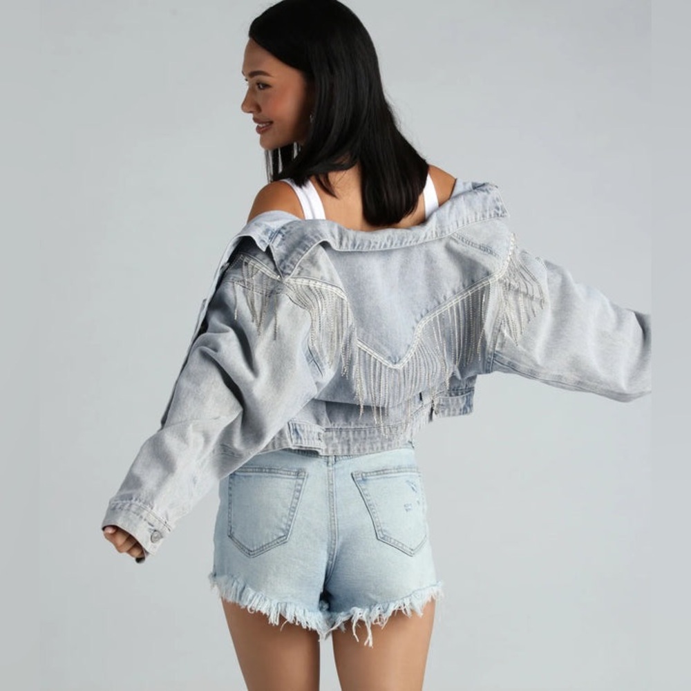 Windsor Rocker-Chic Rhinestone Fringe Denim Jacket, size L